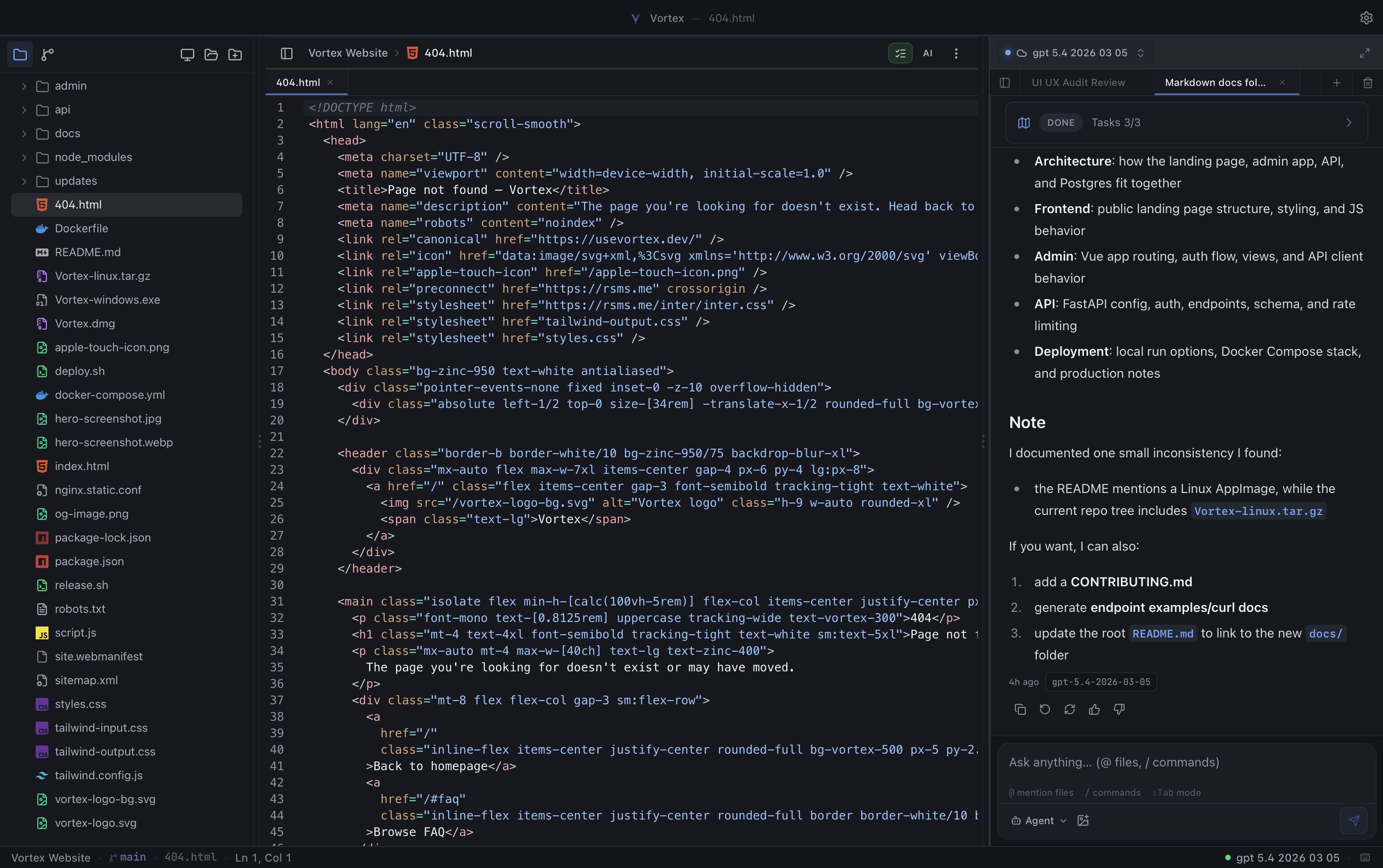 Vortex code editor showing the file explorer, editor, and AI agent panel
